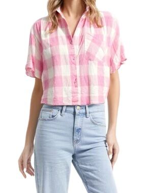 Just Whistle Pink & White Gingham Cottagecore Button-Down Shirt Size Small